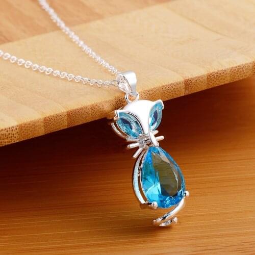 925 Sterling Silver Necklace Fashion Jewelry 18 inches Blue Crystal Fox Pendant chain For Women Wedding Birthday Gifts luxury