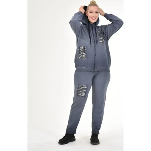 Diaves Women Plus Size Autumn Winter Fashion Self-Effect-Flushing Sequins Detailed Hooded Zipper Sweatshirt Track Suit Sets