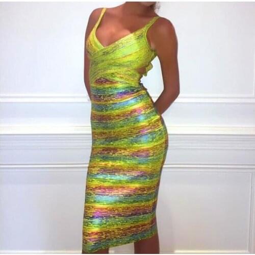 Rayon ombre bandage dress elegant slim rainbow color bandage dress printed pink green yellow