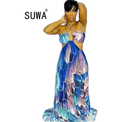 2020 Women Summer Long Maxi Dress Feather Print Strapless Beach Bodycon Bohemian Bandage Night Club Street Dresses Vestidos