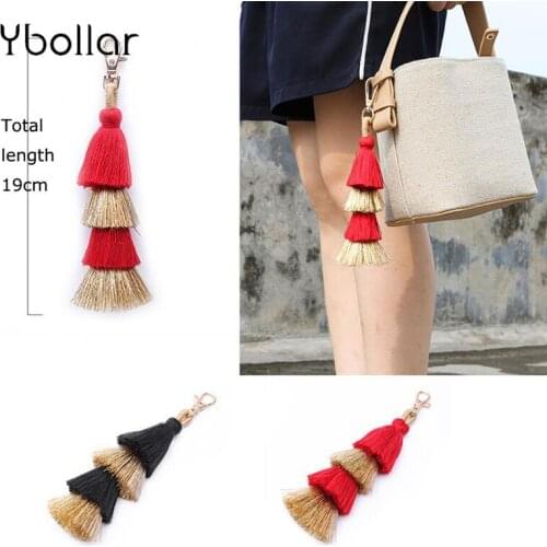 1pc Red/Black Gold Layered Tassel Key Chain Handmade Bohemian Bag Pendant Charm Hanging Jewelry For Women Girl