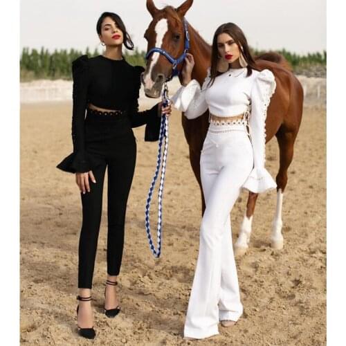 2021 Fall White Hook Flower Hollow Lace Up Women Two Pieces Set Sexy Long Sleeve Crop Tops & Pants Casual Slim High Street 60180