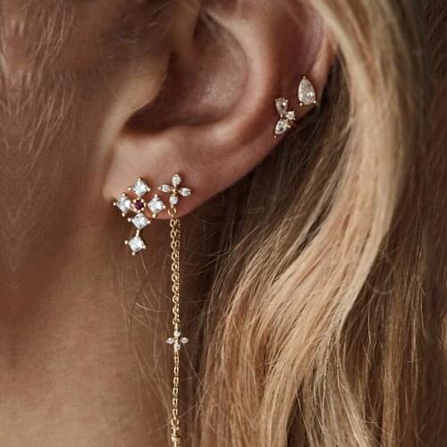 4 Pcs/Set Bohemian Retro Gold Cross Flower Water Drops Crystal Chain Pendant for Womens Wedding Stud Earrings Set