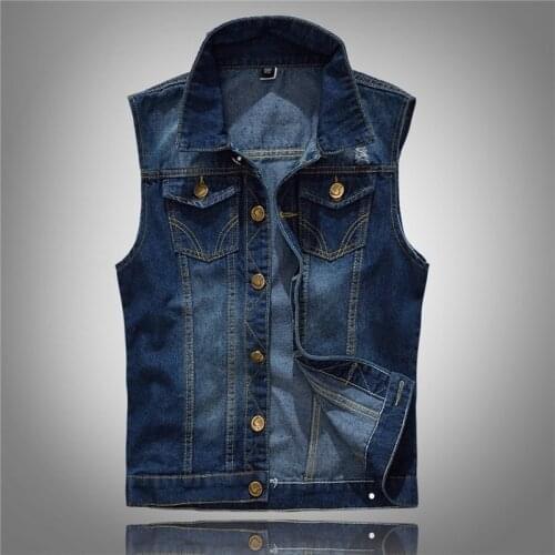 Hot New 2021 Size M-5XL Denim Vest Mens Jacket Sleeveless Casual Waistcoat Mens Jean Coat Ripped Slim Fit Male Jacket