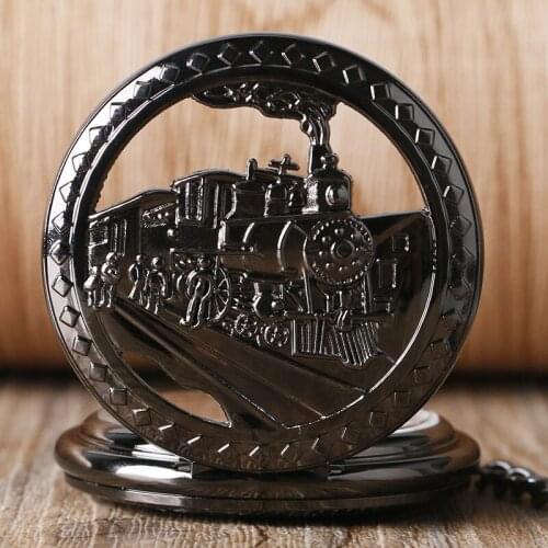 Exquisite Men Women Black Running Locomotive Pocket Watch Mechanical Skeleton Hand Wind Clock Antique Pendant