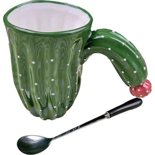 Ceramic Mug with Cactus Appearance Modern Art Design Irregular Cup with Spoon Enclosed for Home Office 430ML LBShipping