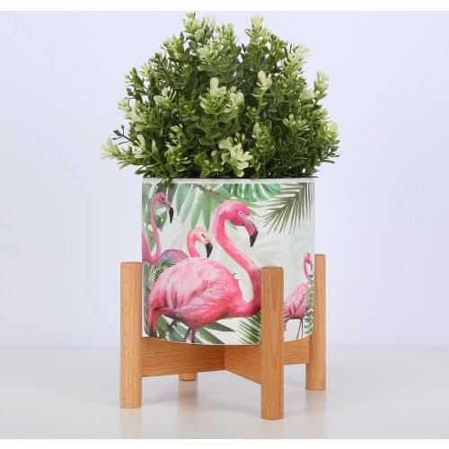 Ceramic Plant Pot Small Planter Flamingo Flower Pot with Wood Plant Stand