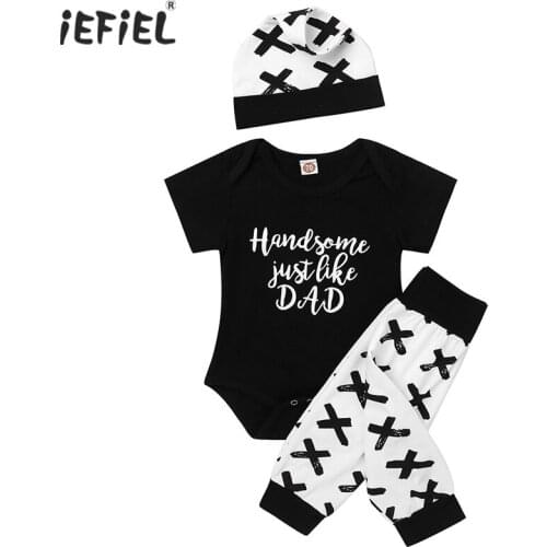 Newborn Infant Baby Boys Romper Outfit Short Sleeve Letter Print Pattern Tops Romper Pant and Hat Toddler Kids Baby Clothes Sets