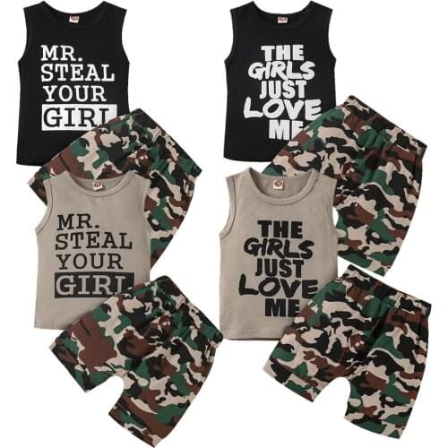 FOCUSNORM 2pcs Summer Causal Baby Boys Clothes Sets 0-4Y Letter Sleeveless Pullover Vest Camouflage Shorts 4 Style