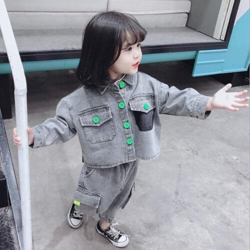 DFXD Toddler Outfits Girl Spring Clothes Set Fashion Jeans Suit Long Sleeve Print Jeans Coat+Cargo Denim Pants 2pc Clothing Sets