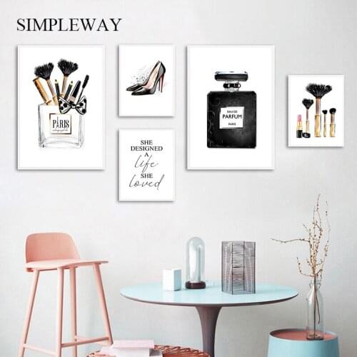 Fashion Makeup Canvas Print Painting Black White High Heels Perfume Poster Beauty Decorative Picture Modern Lady Girl Room Decor