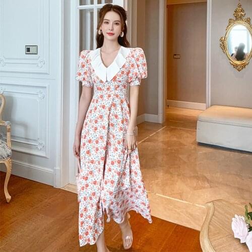 Fashion Summer Korean Vintage Puff Sleeve Maxi Party Dress Ladies Elegant Robe Coffee Break Casual Floral Beach Vacation Dress