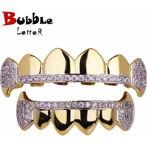 Hip Hop Grillz Teeth Iced Zircon Fang Mouth teeth Caps Top & Bottom Tooth Set Men Women Vampire Fashion Jewelry