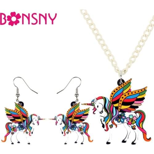 Bonsny Acrylic Floral Holly Flying Horse Unicorn Earrings Necklace Jewelry Sets For Women Girls Teens Gift Fashion Accessories