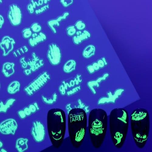 Halloween Nail Art Stickers Luminous Decals 3d Pumpkin Skull Spider Nail Slider Diy Nail Art Decoration Stickers