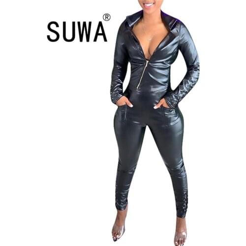 Wholesale Black Pu Leather Skinny Party Club Tracksuits Women Zipper Up Back Cross Bandage Top Bodycon High Waist Pants