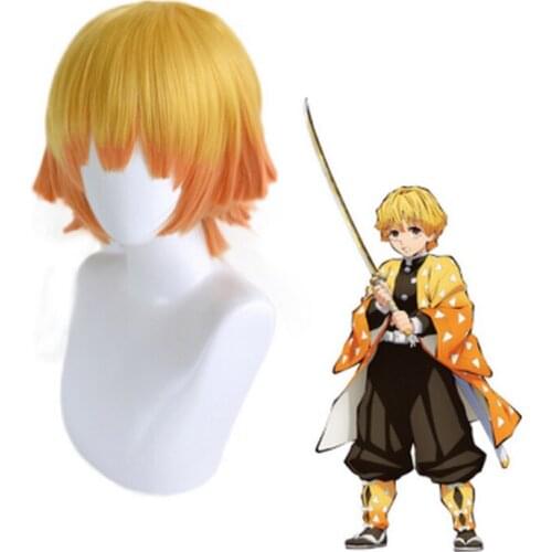 Anime Agatsuma Zenitsu Halloween Cosplay Wig Kimetsu no Yaiba Demon Slayer Cosplay Yellow Synthetic Costume Hair