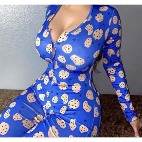 Womens Onsies Pajamas Winter Sexy Slim Long Sleeve Trousers Pants Jumpsuit Sleepwear Money Printed Overalls One Piece Homewear