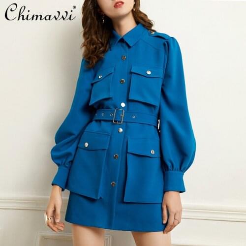 Tooling Style Coat Multi-Pocket Lantern Sleeve Dress Fashion Retro High-waist Slim Short Skirt Temperament A- Line Dress Autumn