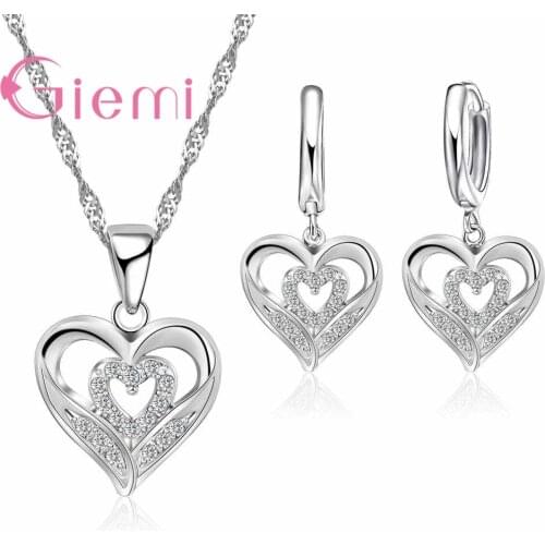 Latest SSilver Color Jewelry Sets Heart In Heart Necklace Earrings Pendant Pendant for Women Bridal Party Engagement Gifts