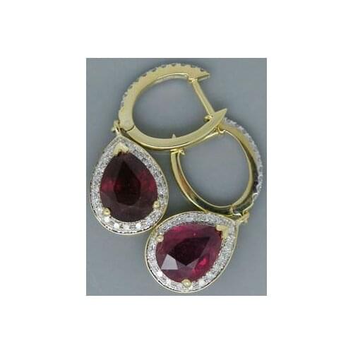 Pear 6x8mm Solid 3.62Ct 14Kt Yellow Gold Natural Heated Blood Red Ruby Drop Earring,Diamond Ruby earring For Sale