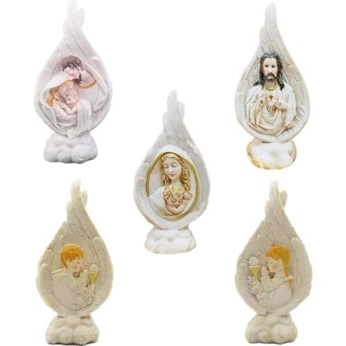 Jesus Statue Virgin Mary and Child Nativity Baptism with Angel Wing Resin Ornament Destop Decoration Religious Catholic Sacred O