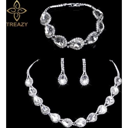 TREAZY Silver Plated Crystal Wedding Jewelry Waterdrop Shape Choker Necklace Earrings Bracelet Set for Women Bridal Jewelry Set