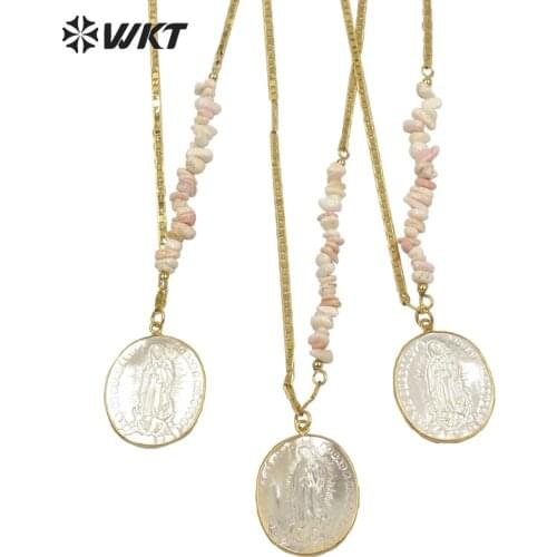 WT-JN146 WKT exclusive Natural White shell Virgin Mary pendant necklace Unique Christian big Hand carved shell necklace