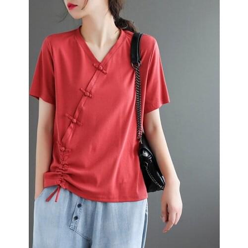 Ladies Chinese Tops Women 2021 Summer T-Shirt-Women Short Sleeve V-Neck Cheongsam Top Button Chinese Style Clothing Women 30941
