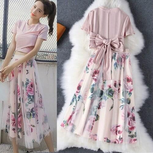 Set female 2019 summer new casual fashion womens bow short-sleeved shirt printed mesh skirt temperament wild two-piece suit