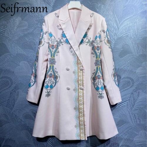 Seifrmann New 2021 Summer Women Fashion Designer Trench Coats Long Sleeve Double Breasted Vintage Printed Coat Loose Overcoat