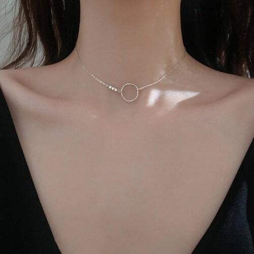 925 Sterling Silvet Circle Choker Necklace for Women CZ Dainty Jewelry Necklace Minimalist Accessories Gift S-N728