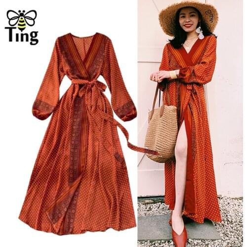 Tingfly Women Fashion Vintage Floral Bohemian Long Wrap Dress Lady V Neck Sexy Split Wrap Arround Boho Dresses Elbise Zaful Traf