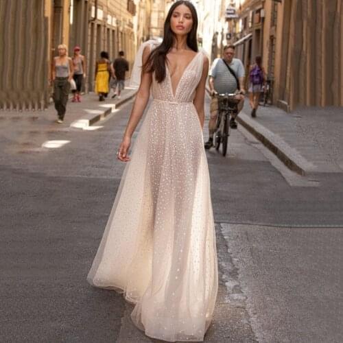 Eightree Sexy Boho Wedding Dress Deep V Neck Lace Applique Bride Dress 2021 Beach A Line Backless Evening Gown Dress Custom Size