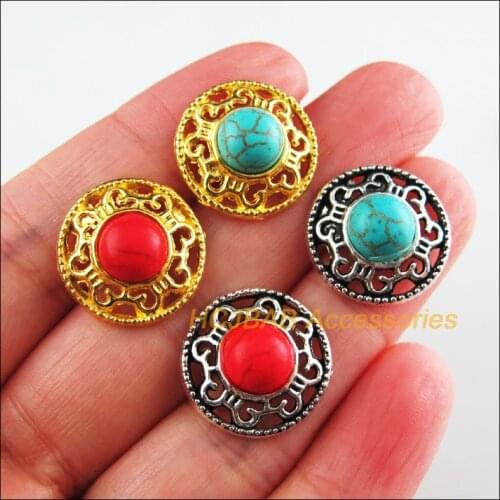 15 New Round Charms Tibetan Silver Tone & Gold Color Red & Blue Flower Stone Pendants 18mm