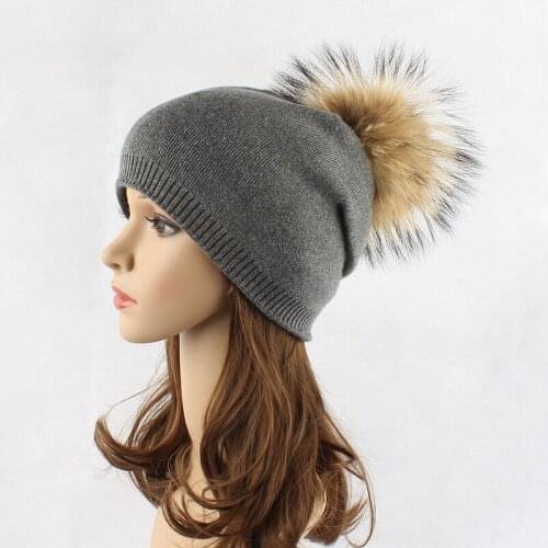 2020 Winter Wool Beanies Pompom Hat Women Wool Knitted Skullies Womens Cap Casual 100% Real Raccoon Fur Pompom Hats Fashion