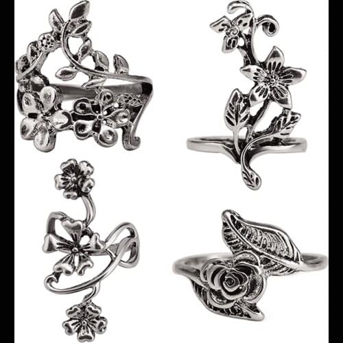 4 Kinds Plant Rose Flower Leaf Vintage Silver Plated Retro Rings Set for Women