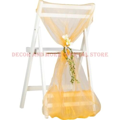50PCS Party Hotel Wedding Chair Sash For Outdoor Folding Chair Gold Blue White Organza Chair Cap With Flower Decor Chair Ties