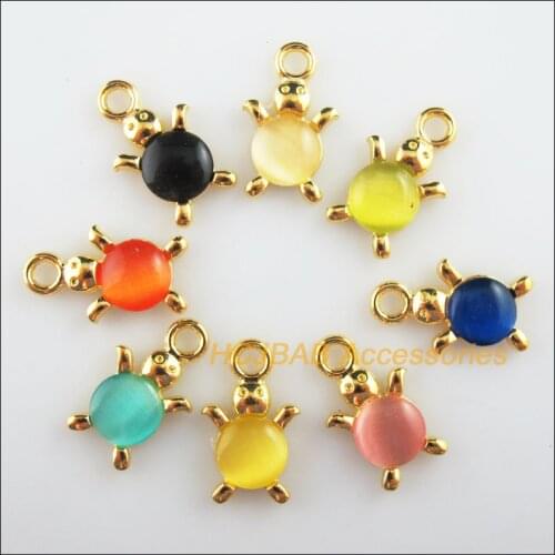 8 New Animal Tortoise Charms Gold Color Cat eye Stone Mixed Pendants 14x23mm