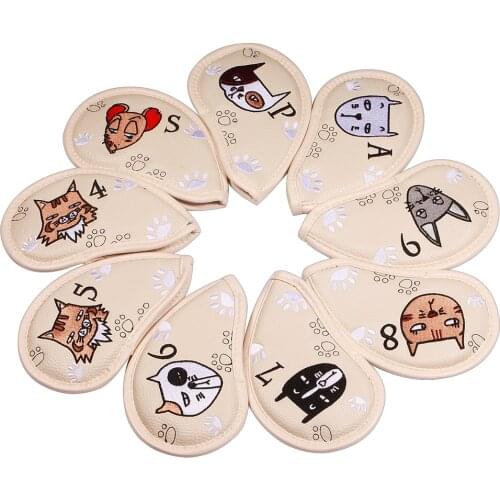 9 Pcs Portable Golf Club Headcovers Cute Cartoon Cat Pattern PU Waterproof Fairway Hybrid Putter Cover Set Vintage