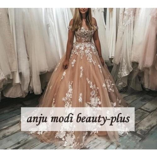 2021 Ball Gown Appliques Off Shoulder Prom Dresses Long Champagne Formal Evening Party Gowns Robe De Soiree