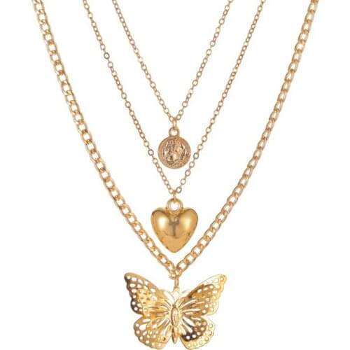 Personality Exaggerated Love Hollow Butterfly Necklace Fashion Long Multi-layer Ladies Sweater Chain Necklace Jewelry