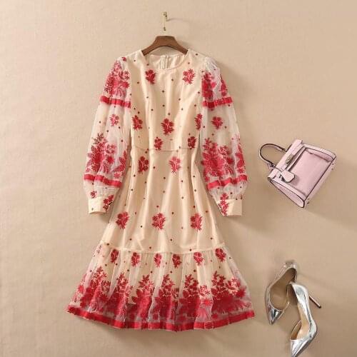 And American womens European clothing 2021 The new spring Lantern sleeve embroidery with long sleeves Fashion gauze dress