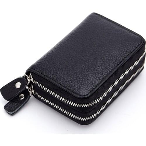Genuine Leather Men & Women Mini Short Wallet Cow Leather Coin Purse Solid Card Holder Accordion Card Slots Double Zipper Pocket