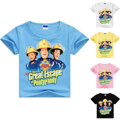 Summer Boys Short Sleeved T Shirts Cotton Cartoon Fireman Sam Funny T-Shirt Children Tops Girls Tee Kid Clothes Baby Costumes