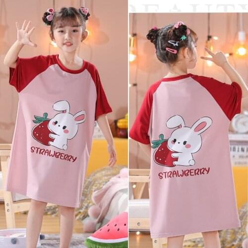 Summer Pajamas Girls Nightgowns Nightdress Baby Sleepwear Sleepshirt Short Sleeve Nightwear Children Strawberry Rabbit Clothes