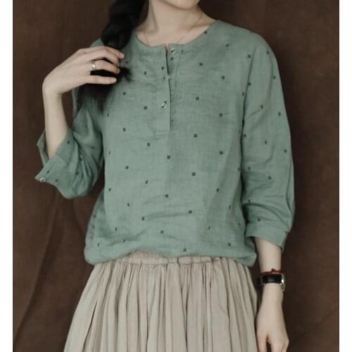 2021 art printed Linen Shirt round neck and 7 / 4 sleeve linen printed blouse 0716-3