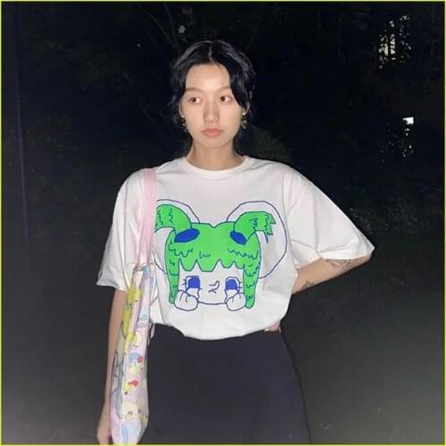 Cute Cartoon Girl Print White Funny Tshirts Short Sleeve Graphic Summer Top Plus Size Cotton Street Style Causal Shirt For Women