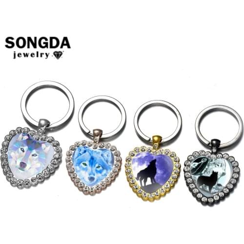 SONGDA Punk Fashion Wolf Animal Key Ring Car Key Chain Nordic Wiccan Wolf Pattern Glass Cabochon Handicraft Keychain Accessories