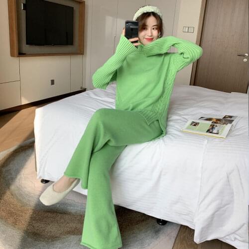 2020 Female New Autumn Winter Knitted Pants Suit Turtleneck Sweater Women Turtlenck Clothing 2 Piece Set Female Pants Suit A38